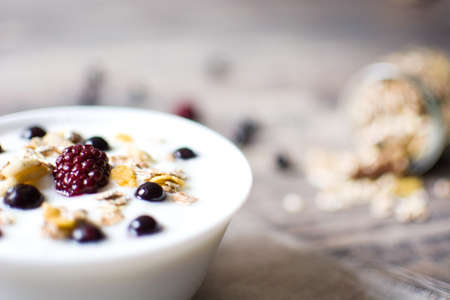 Natural yogurt with fresh berries and cerealsの写真素材