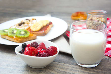 Breakfast with milk and fruitの写真素材