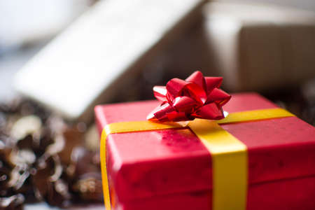 Red gift box and autumn leavesの写真素材