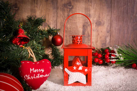 Christmas heart and Christmas decoration on snowの写真素材