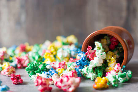 Sweet popcorn on woodの写真素材