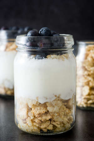 Yogurt with blueberries on black background