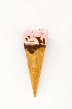 Strawberry ice cream cone isolated on white backgroundの写真素材