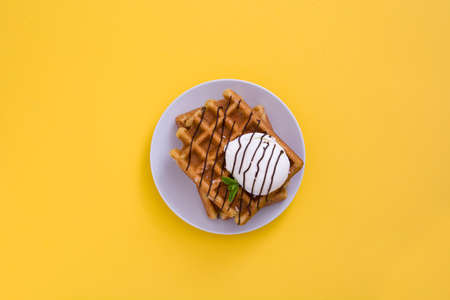 Waffles with chocolate sauce, ice cream and mint on yellow backgroundの写真素材