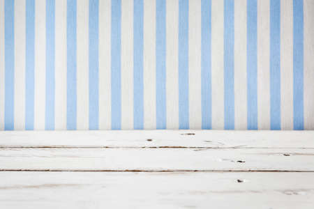 White wooden floor with blue and white stripes backgroundの写真素材