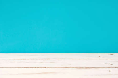 White wooden floor and blue backgroundの写真素材