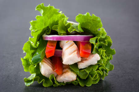Mexican fajita with chicken, peppers, onion and lettuce on slate backgroundの写真素材