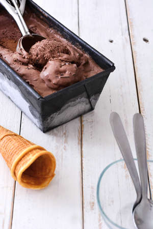 Chocolate ice cream on white wooden background