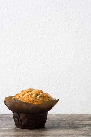 Muffins on a wooden tableの写真素材