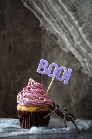 Halloween cupcake on rustic wooden backgroundの写真素材