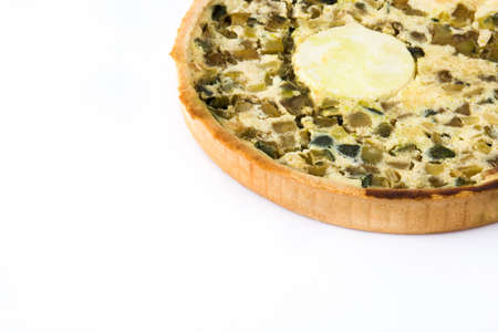 French quiche Lorraine with vegetables isolated on white backgroundの写真素材