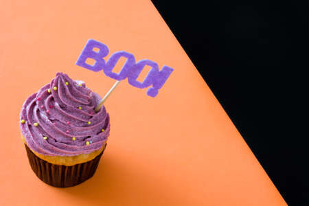 Halloween cupcake with a bat on black and orange backgroundの写真素材