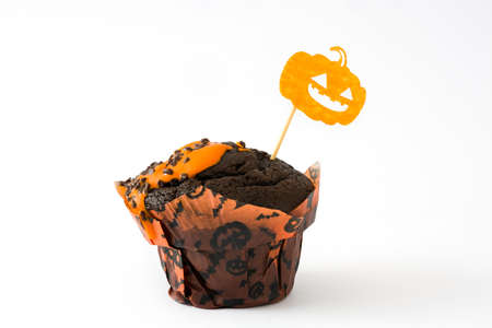 Halloween muffin isolated on white backgroundの写真素材