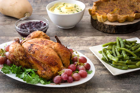 Thanksgiving dinner on rustic wooden backgroundの写真素材