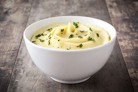 Mashed potato on wooden backgroundの写真素材