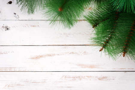 Christmas tree on white wooden backgroundの写真素材
