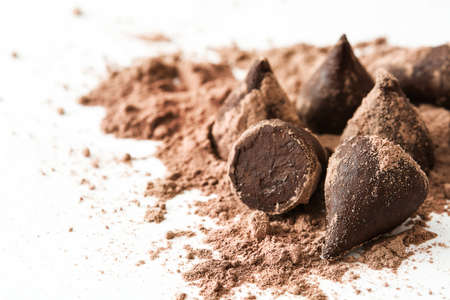 Homemade chocolate truffles isolated on white backgroundの写真素材