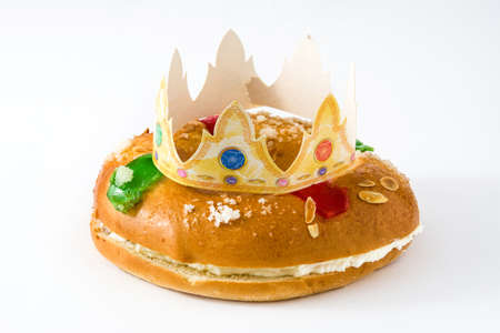Spanish typical dessert of epiphany "Epiphany Cake", isolated on white backgroundの写真素材