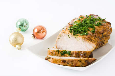 Christmas Roasted pork isolated on white backgroundの写真素材