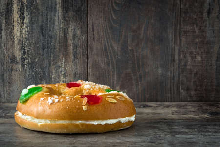 Spanish typical epiphany cake "Epiphany Cake", on wooden backgroundの写真素材
