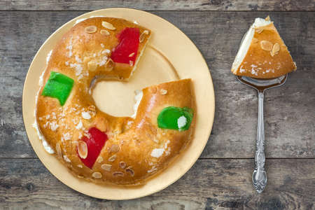 Spanish typical epiphany cake "Epiphany Cake", on wooden backgroundの写真素材