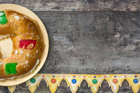 Spanish typical epiphany cake "Epiphany Cake", on wooden backgroundの写真素材