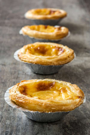 Pasteis de nata. Typical Portuguese egg custard tart on wooden background
