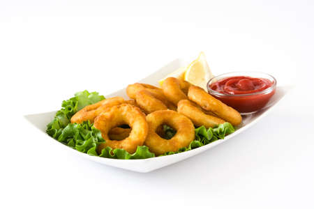Fried calamari rings with lettuce and ketchup, isolated on white backgroundの写真素材