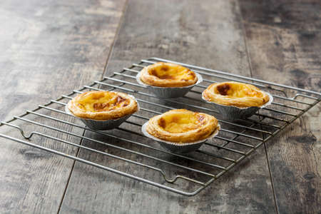 Pasteis de nata. Typical Portuguese egg custard tart on wooden background