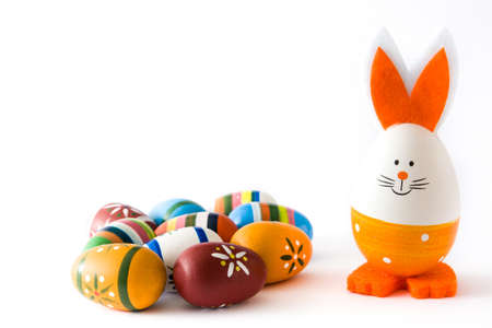 Easter eggs and rabbit isolated on white background.