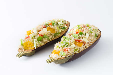 With Quinoa Stuffed eggplant and vegetables, isolated on white backgroundの写真素材