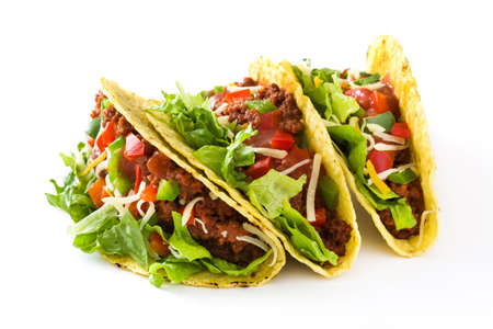 Traditional Mexican taco with meat and vegetables, isolated on white backgroundの写真素材