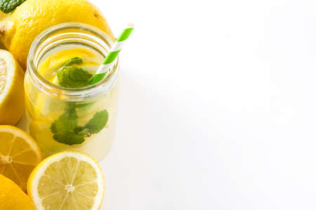 Lemonade drink in glass jar isolated on a white backgroundの写真素材