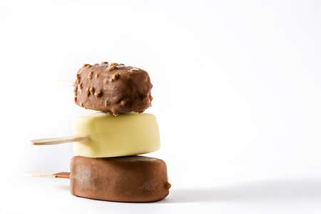 Chocolate ice cream  isolated on white background. Copyspace.