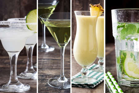 Collage of different cocktails on wooden tableの写真素材