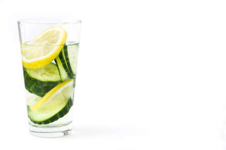 Detox water with cucumber and lemon isolated on white backgroundの写真素材