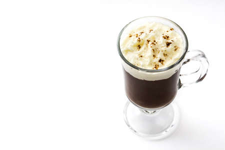 Irish coffee in glass isolated on white backgroundの写真素材