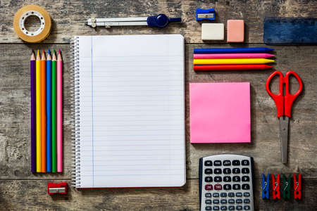 School supplies on wooden background. Back to school concept. Copyspace.の写真素材