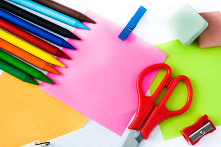School supplies isolated on white background. Back to school concept. Copyspace.