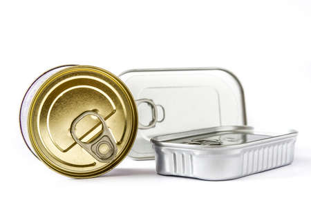 Closed cans of preserves isolated on white backgroundの写真素材