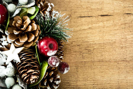 Christmas ornaments on wooden background.Copyspace