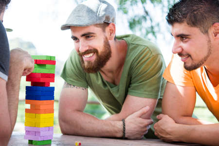 Friends playing block gameの写真素材