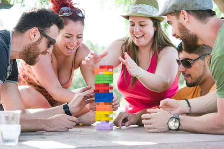 Friends playing block gameの写真素材