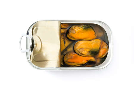 Mussels can preserves isolated on white background. Top view.の写真素材