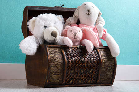 Teddy bears in a chestの写真素材