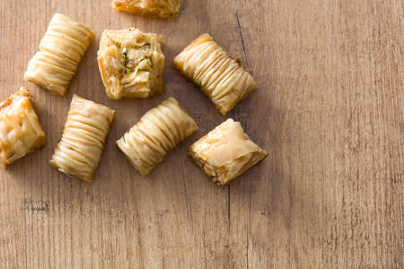 Turkish dessert baklava on wooden tableの写真素材