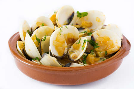 Clams with seafood sauce.Almejas a la marinera isolated on white background. Spanish recipeの写真素材