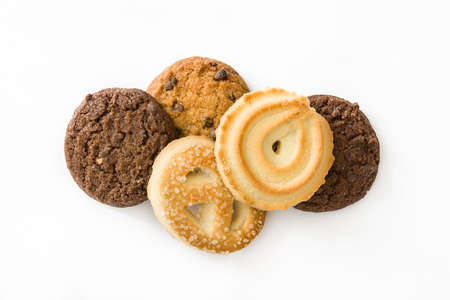 Assorted butter cookies top view isolated on white backgroundの写真素材