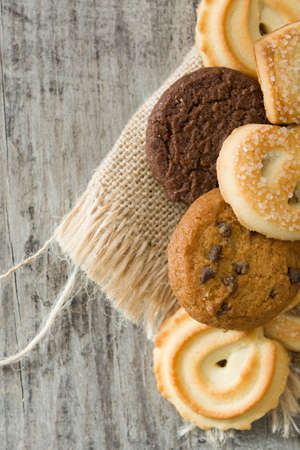 Butter cookies top view copy space on wooden table