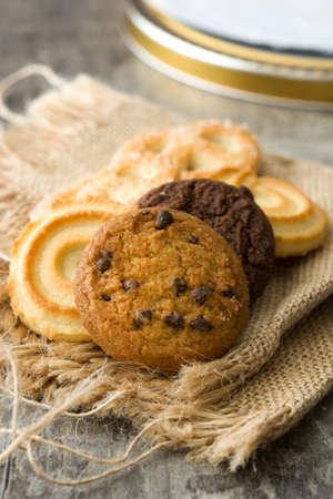 Assorted butter cookies on wooden tableの写真素材
